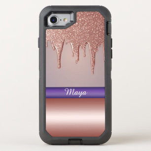 Rose Gold Glitter Drip Custom Name Monogram OtterBox Defender iPhone SE/8/7 Case