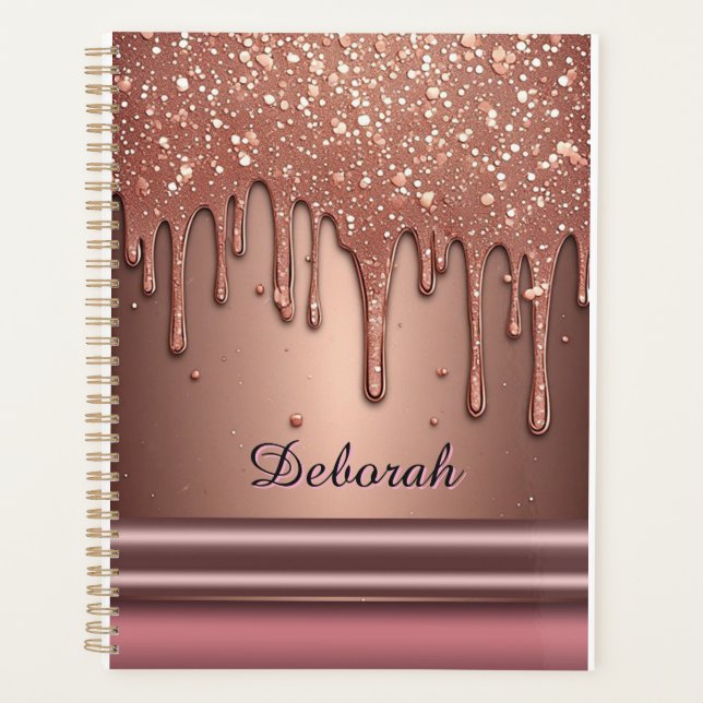Rose Gold Glitter Drip Custom Name Monogram Planner (Front)