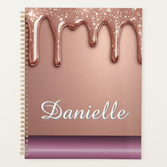 Rose Gold Glitter Drip Custom Name Monogram Planner (Front)