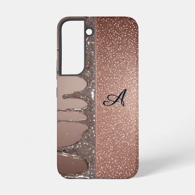 Rose Gold Glitter Drip Custom Name Monogram Samsung Galaxy Case (Back)