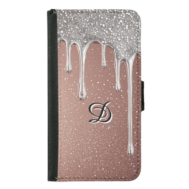 Rose Gold Glitter Drip Custom Name Monogram Samsung Galaxy Wallet Case (Front)