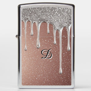 Rose Gold Glitter Drip Custom Name Monogram Zippo Lighter