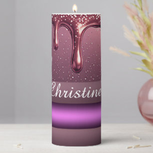 Rose Gold Glitter Drip Custom name Pillar Candle