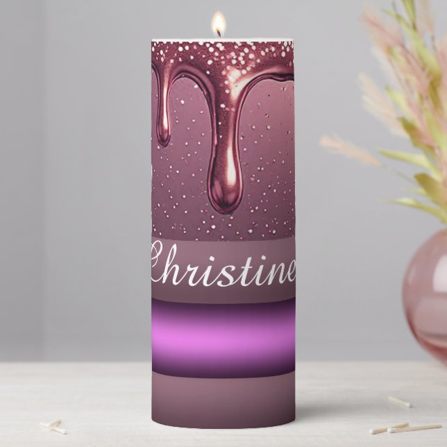 Rose Gold Glitter Drip Custom name Pillar Candle (In Situ)