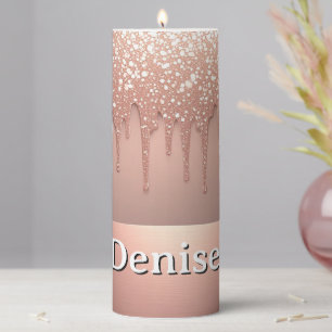 Rose Gold Glitter Drip Custom name Pillar Candle