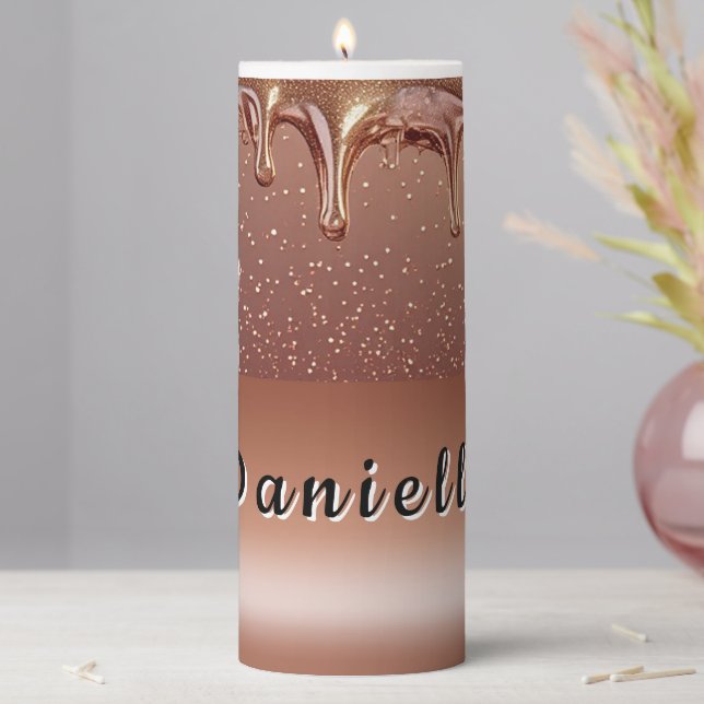 Rose Gold Glitter Drip Custom name Pillar Candle (In Situ)