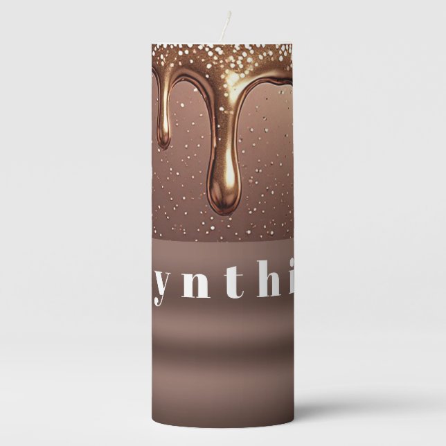 Rose Gold Glitter Drip Custom name Pillar Candle (Front)
