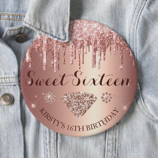 Rose Gold Glitter Drip Diamond Sweet Sixteen Button (In Situ)