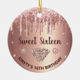 Rose Gold Glitter Drip Diamond Sweet Sixteen Ceramic Ornament
