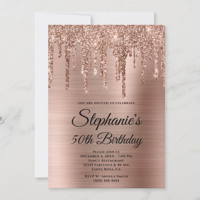 Rose Gold Glitter Drip Foil Fancy Monogram Invitation (Front)