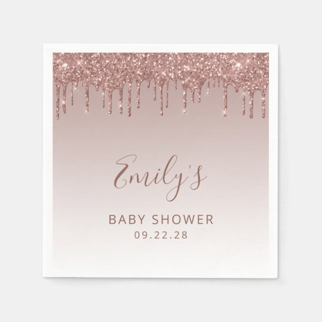 Rose Gold Glitter Drip Girl Baby Shower Napkins (Front)