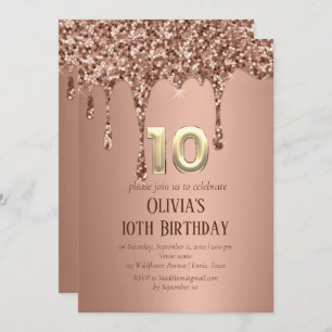 Rose Gold Glitter Drip Girl Girly 10th Birthday Invitation