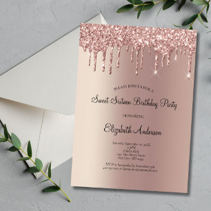 Rose Gold Glitter Drip Glam Sweet 16 Birthday  Invitation
