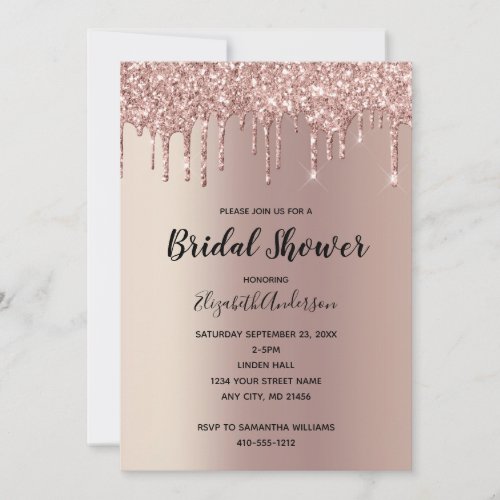 Rose Gold Glitter Drip Glam Trendy Bridal Shower Invitation