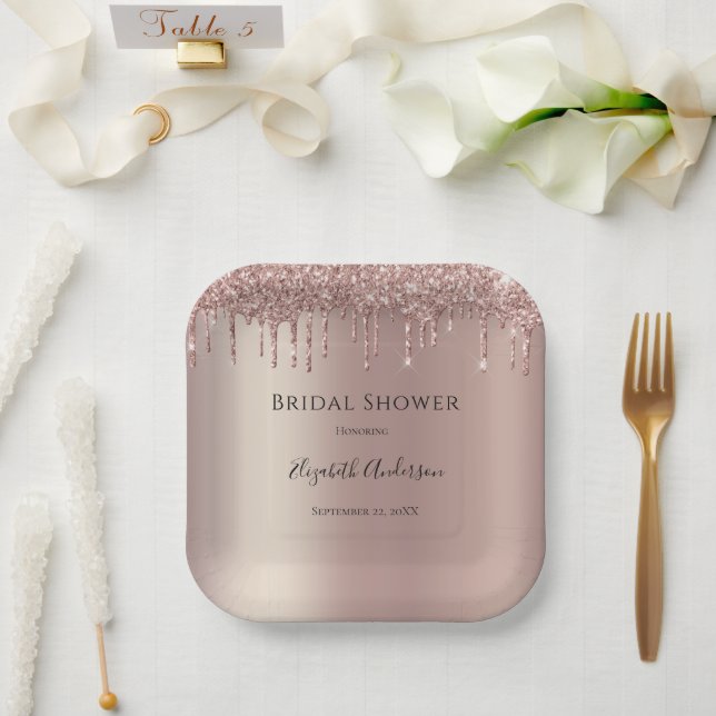 Rose Gold Glitter Drip Glam Trendy Bridal Shower Paper Plates (Wedding)