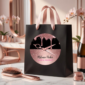 Rose Gold Glitter Drip Hair Stylist & Scissors Classic Round Sticker