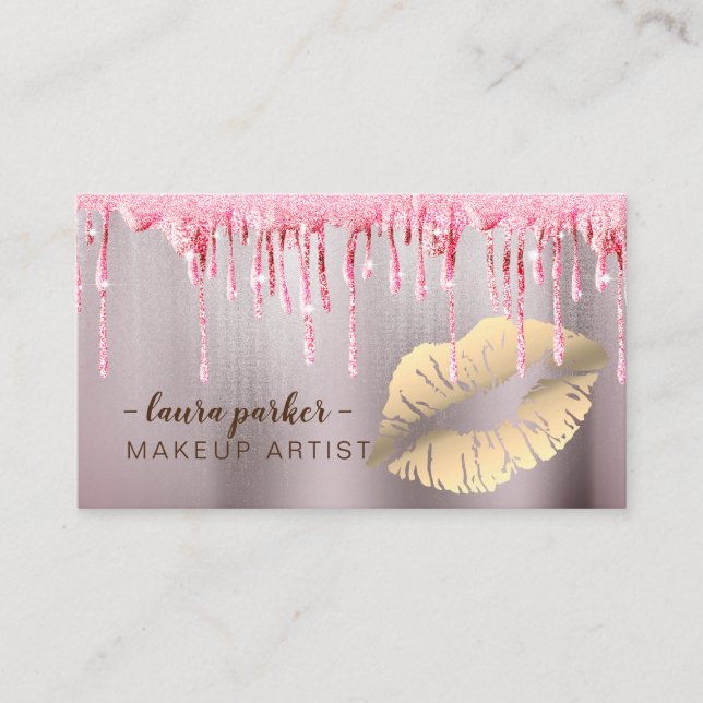 Rose Gold Glitter Drip Lips Makeup Artist Salon Business Card (Front)