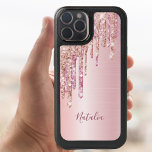 Rose gold glitter drip metallic name girly OtterBox iPhone 14 case<br><div class="desc">An elegant,  girly and glam phone case. Faux rose gold and pink glitter drip,  paint drip.  Chic rose gold ombre faux metallic looking background. Insert your name,  written with a modern hand lettered style script. Dark rose gold colored letters.</div>