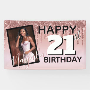Rose Gold Glitter Drip Monogram AGE Photo Birthday Banner
