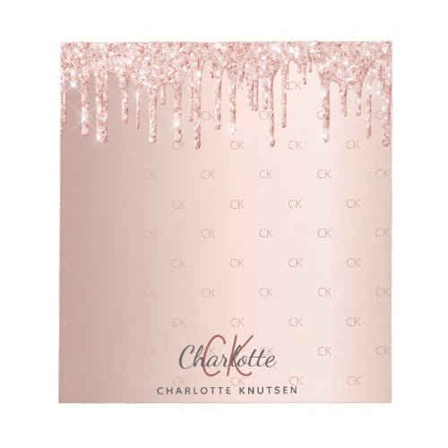 Rose gold glitter drip monogram initials name notepad