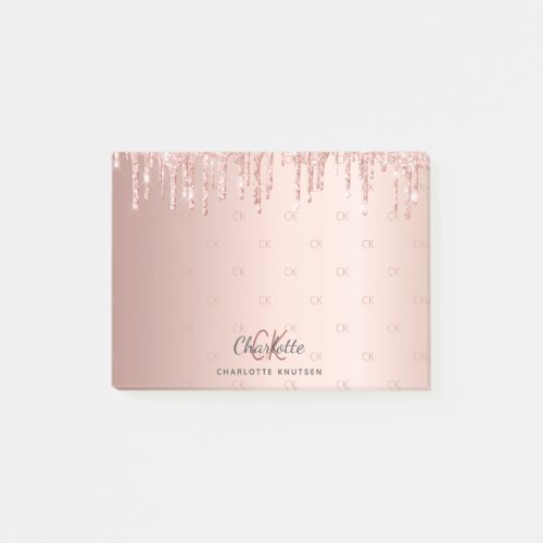 Rose gold glitter drip monogram initials post_it notes