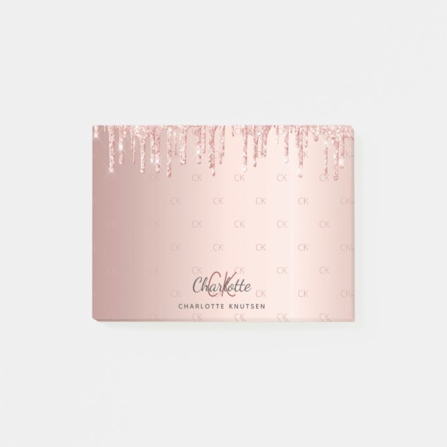 Rose gold glitter drip monogram initials post-it notes (Front)
