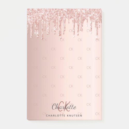 Rose gold glitter drip monogram initials post_it notes