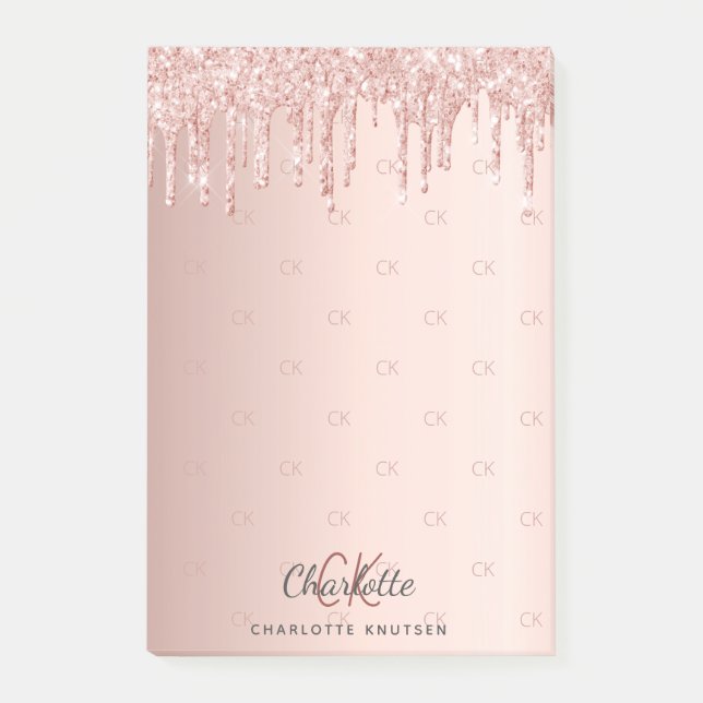 Rose gold glitter drip monogram initials post-it notes (Front)