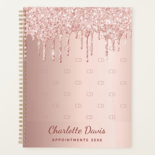 Rose gold glitter drip monogram script 2024 planner