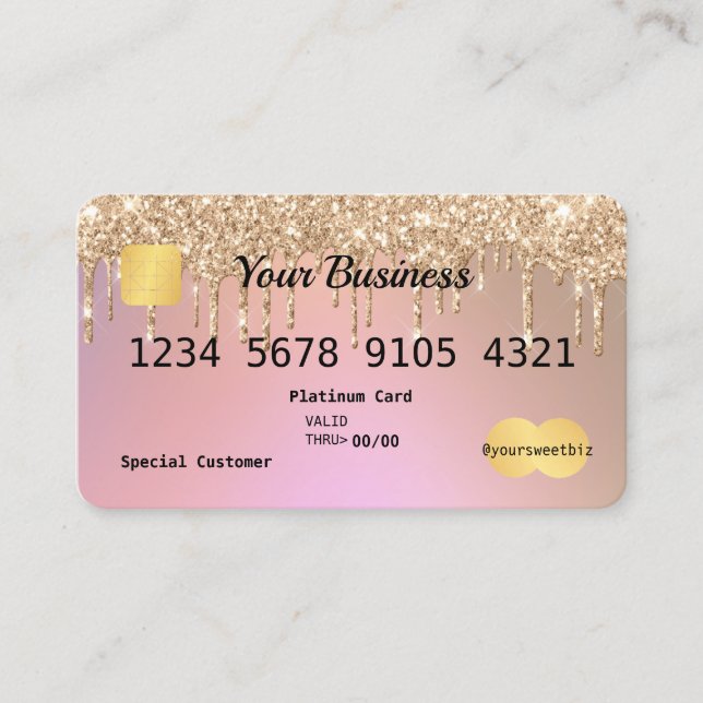 Rose Gold Glitter Drip Ombre Credit Business Card (Front)