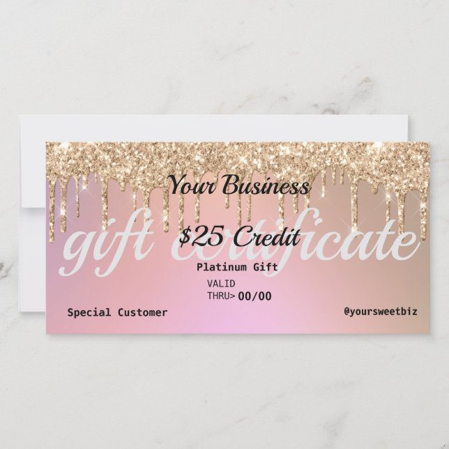 Rose Gold Glitter Drip Ombre Gift Certificate Than Thank You Card (Front)
