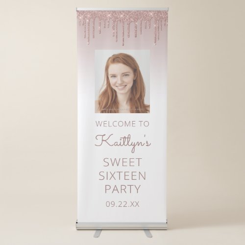 Rose Gold Glitter Drip Photo 16th Birthday Party Retractable Banner