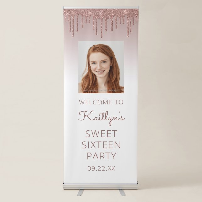 Rose Gold Glitter Drip Photo 16th Birthday Party Retractable Banner (Front)