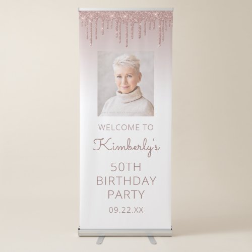 Rose Gold Glitter Drip Photo 50th Birthday Party Retractable Banner