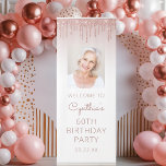 Rose Gold Glitter Drip Photo 60th Birthday Party Retractable Banner<br><div class="desc">Welcome guests to her 60th birthday party with this chic retractable banner, featuring a sparkly rose gold faux glitter drip border above her photo on a rose gold ombre background. Personalize it with her name in dark rose handwriting script, with her birthday and date below in sans serif font. Easily...</div>