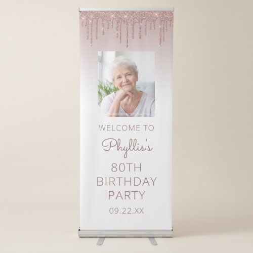 Rose Gold Glitter Drip Photo 80th Birthday Party Retractable Banner