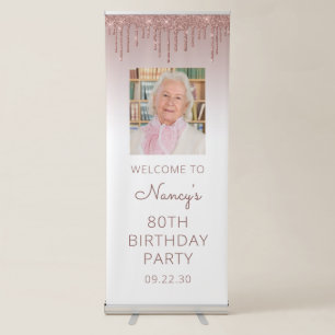 Rose Gold Glitter Drip Photo 80th Birthday Party Retractable Banner