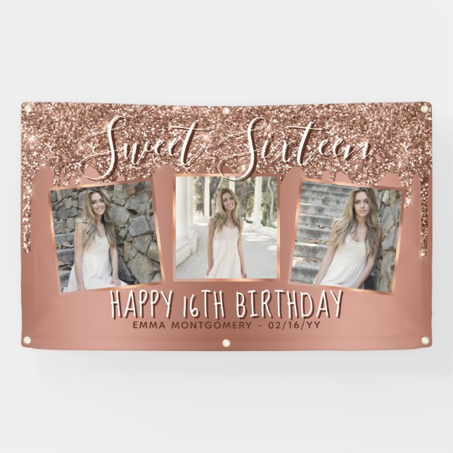 Rose Gold Glitter Drip Photo Collage 16th Birthday Banner (Horizontal)
