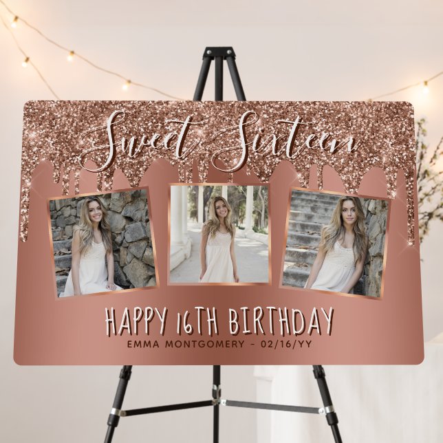 Rose Gold Glitter Drip Photo Collage 16th Birthday Foam Board (In Situ (Stand))