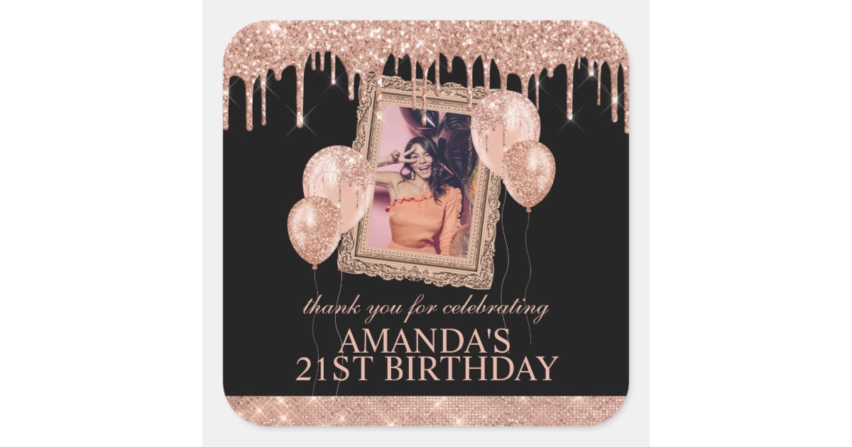 Rose Gold Glitter Drip Photo Frame Thank You Square Sticker | Zazzle