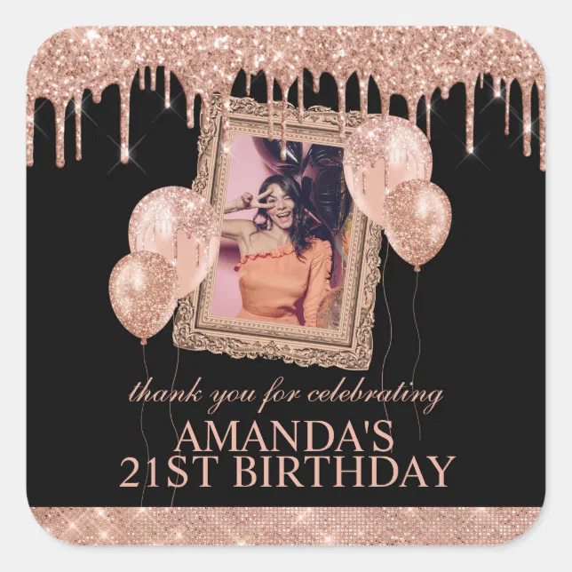 Rose Gold Glitter Drip Photo Frame Thank You Square Sticker | Zazzle