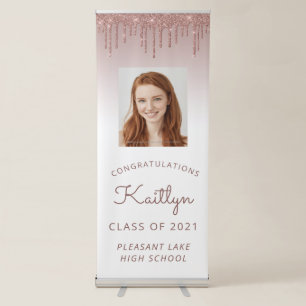 Rose Gold Glitter Drip Photo Graduation Retractable Banner