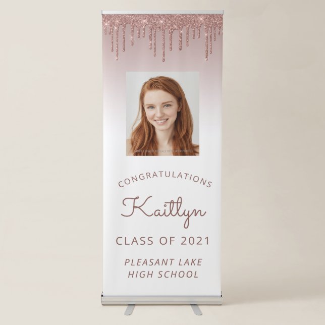 Rose Gold Glitter Drip Photo Graduation Retractable Banner (Front)