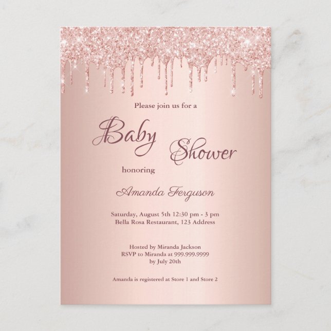 Rose gold glitter drip pink Baby Shower invitation Postcard (Front)