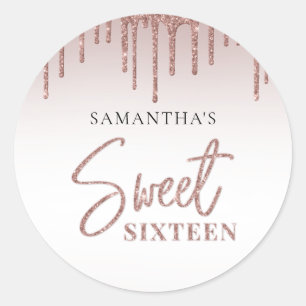 Rose Gold Glitter Drip Script Sweet 16 Birthday Classic Round Sticker