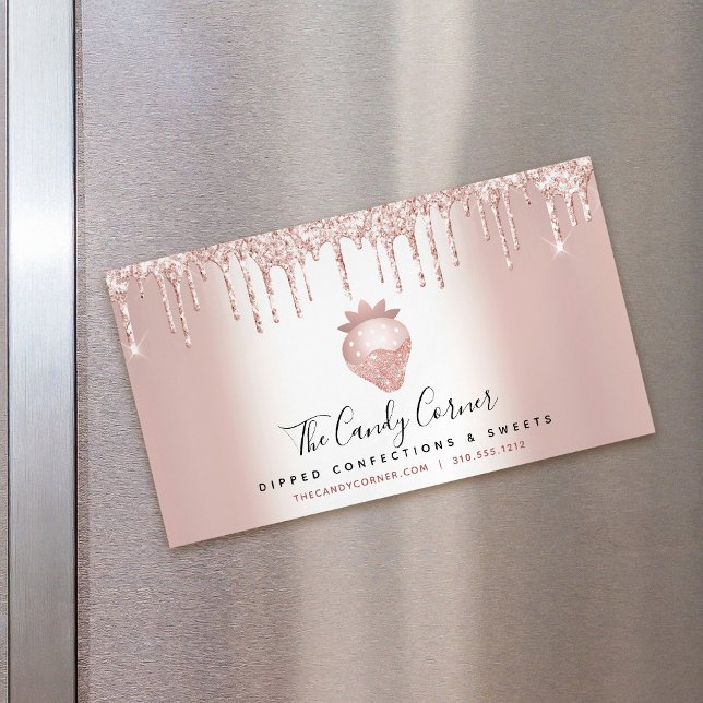 Rose Gold Glitter Drip Strawberry Confection Sweet Business Card Magnet (Creator Uploaded)