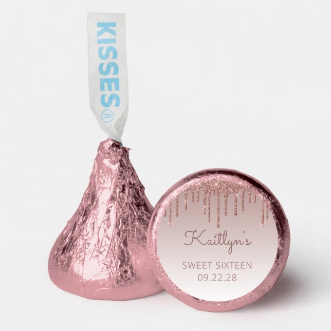 Rose Gold Glitter Drip Sweet 16 Party Hershey®'s Kisses® (Front)