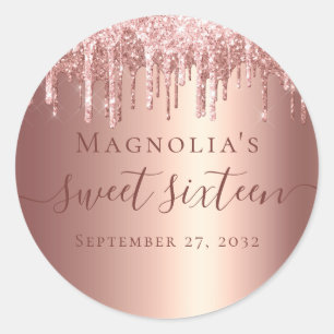 Rose Gold Glitter Drip Sweet Sixteen Classic Round Sticker