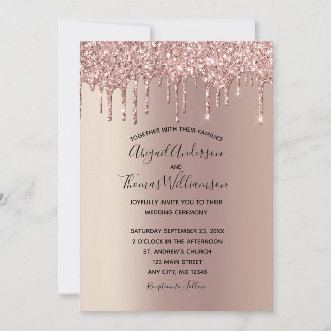 Rose Gold Glitter Drip Trendy Elegant Wedding  Invitation (Front)