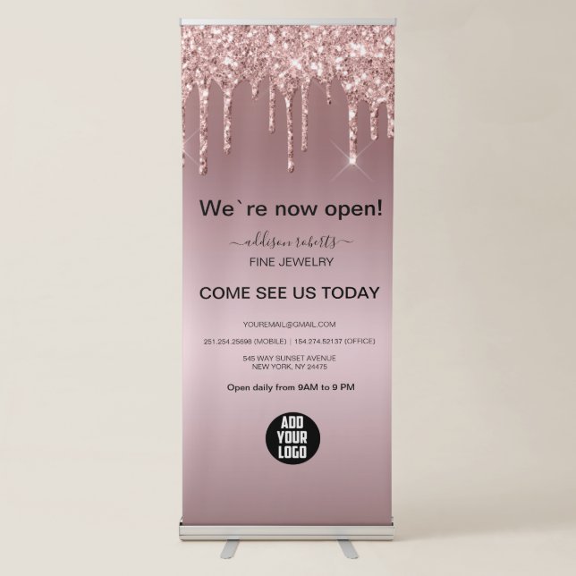 Rose Gold Glitter Dripping Business  Retractable Banner (Front)
